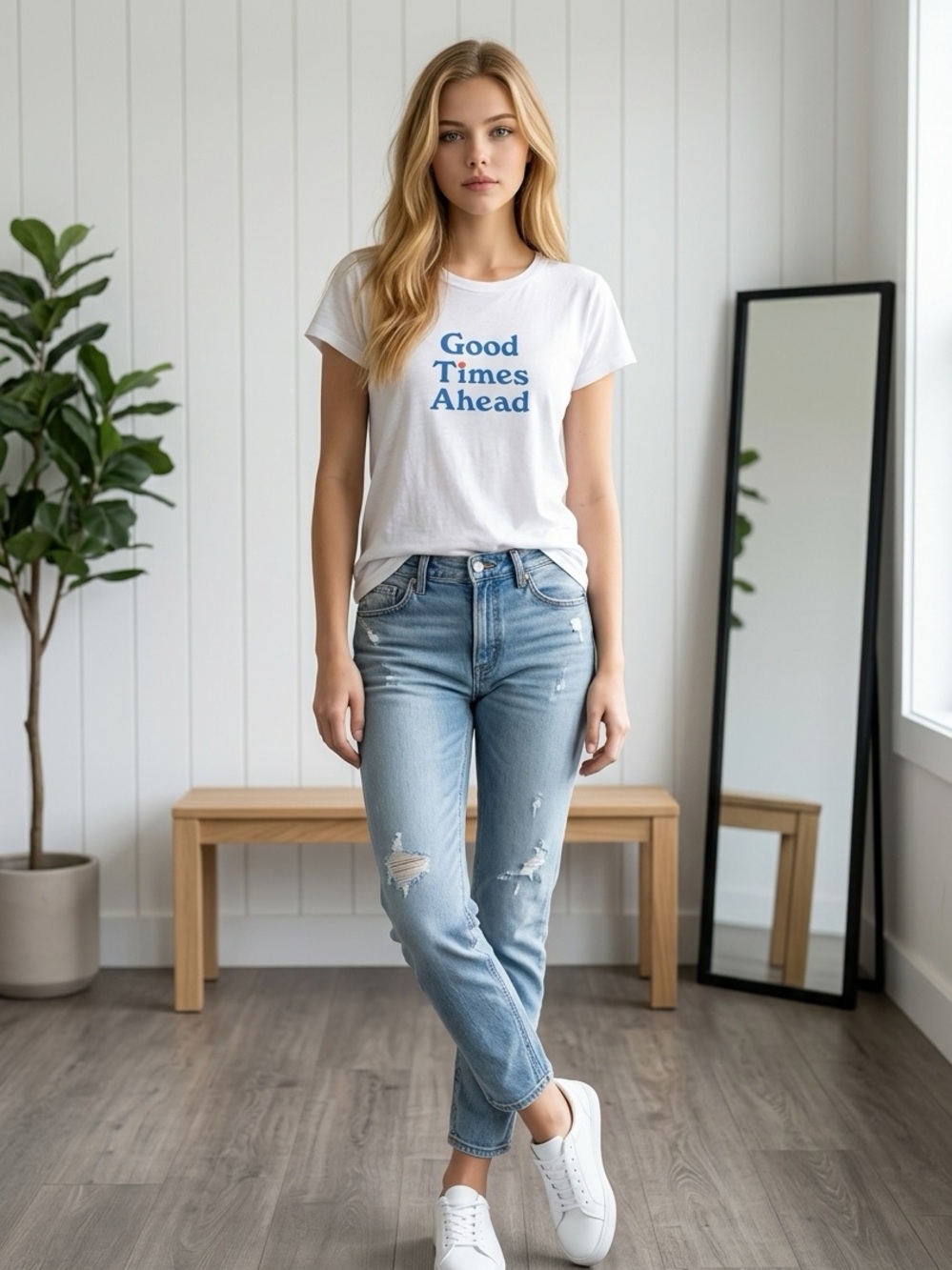 rag & bone White Tee with Blue "Good Times Ahead" Graphic